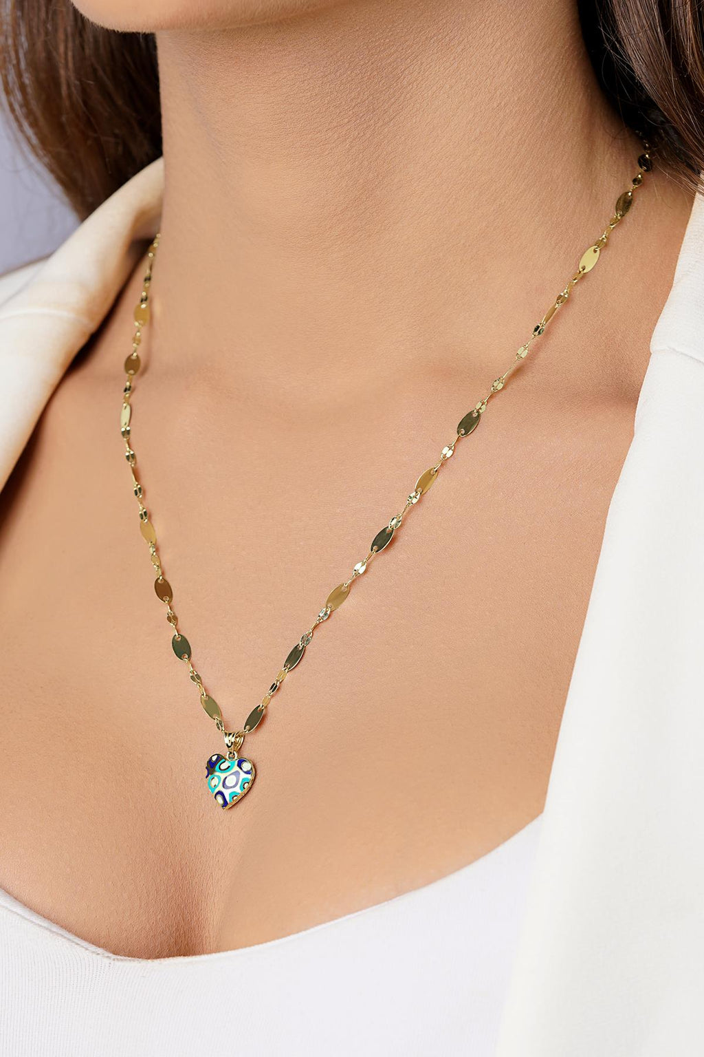 14ct Gold Colorful Heart on Bold Mirror Chain