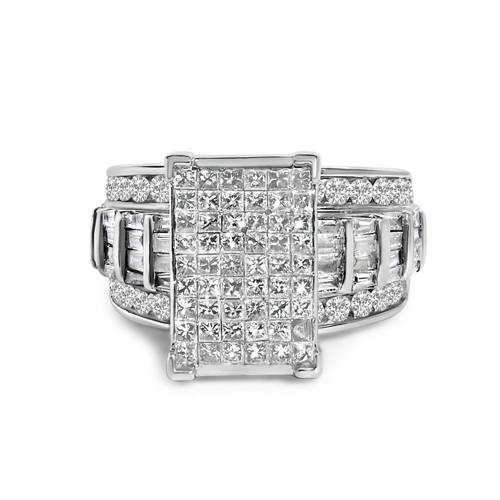 14K White Gold 2.0 Cttw Mixed-Cut Diamond Rectangle Invisible-Set Composite Cluster Ring with Bar- and Channel-Set Band (H-I Color, SI2-I1 Clarity)