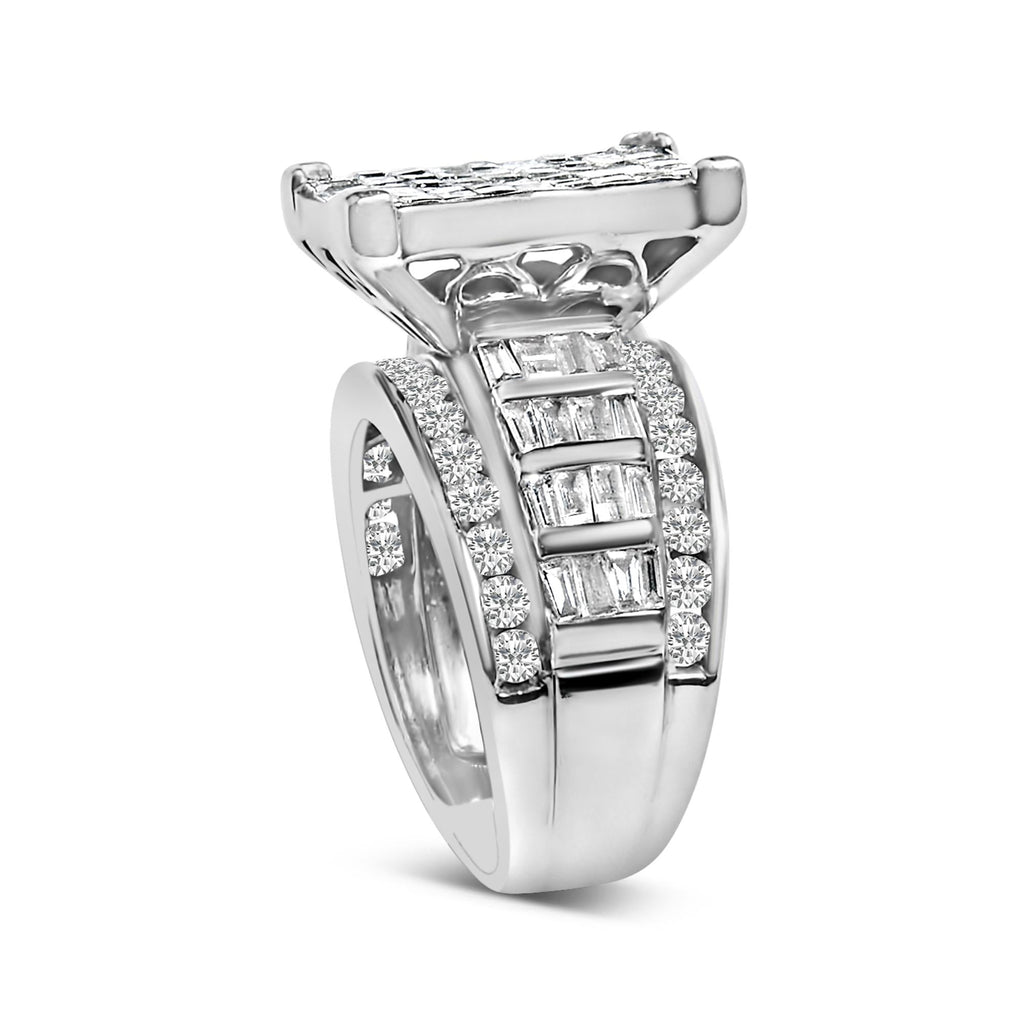 14K White Gold 2.0 Cttw Mixed-Cut Diamond Rectangle Invisible-Set Composite Cluster Ring with Bar- and Channel-Set Band (H-I Color, SI2-I1 Clarity)
