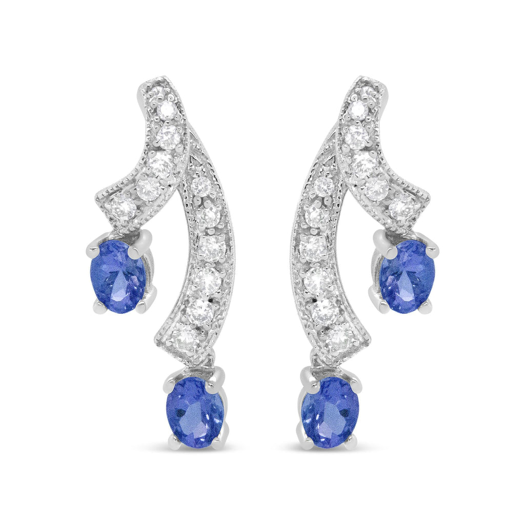 14K White Gold 4x3MM Oval Shaped Natural Blue Tanzanite Gemstone and 1/5 Cttw Diamond Double 3/4" Inch Drop Stud Earrings (H-I Color, VS1-VS2 Clarity)