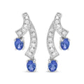 14K White Gold 4x3MM Oval Shaped Natural Blue Tanzanite Gemstone and 1/5 Cttw Diamond Double 3/4" Inch Drop Stud Earrings (H-I Color, VS1-VS2 Clarity)