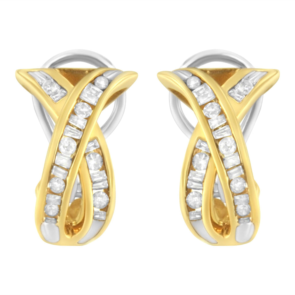 14K Yellow and White Gold 1/2 TDW "X" Shape Cross Over Diamond Hoop Earrings (I-J, I2-I3)