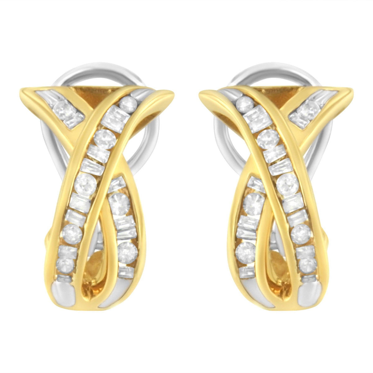 14K Yellow and White Gold 1/2 TDW "X" Shape Cross Over Diamond Hoop Earrings (I-J, I2-I3)