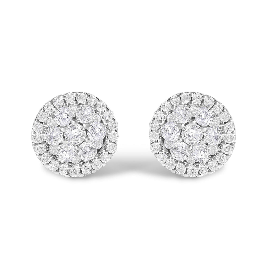 14K White Gold 1.0 Cttw Brilliant-Cut Diamond Halo-Style Cluster Round Button Stud Earrings (H-I Color, I1-I2 Clarity)