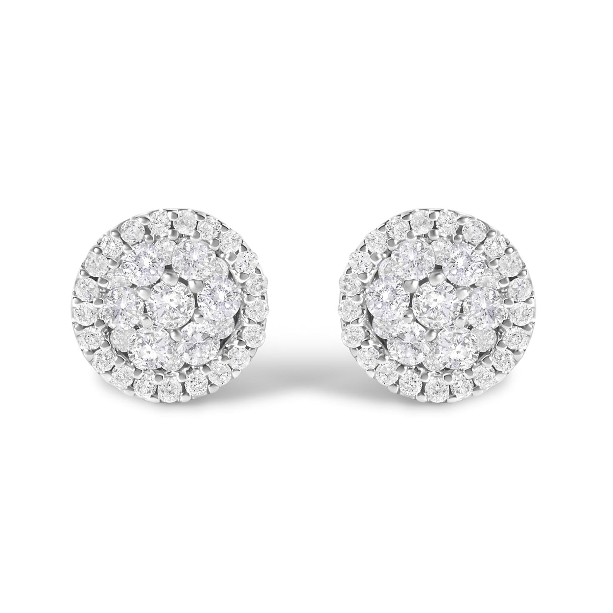 14K White Gold 1.0 Cttw Brilliant-Cut Diamond Halo-Style Cluster Round Button Stud Earrings (H-I Color, I1-I2 Clarity)