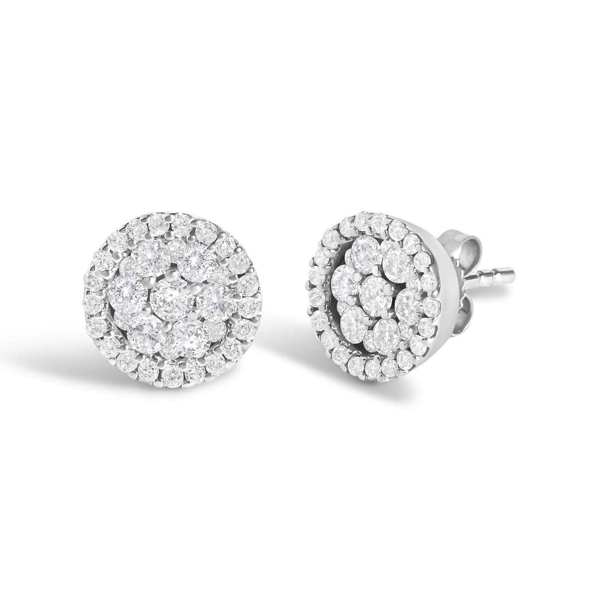 14K White Gold 1.0 Cttw Brilliant-Cut Diamond Halo-Style Cluster Round Button Stud Earrings (H-I Color, I1-I2 Clarity)