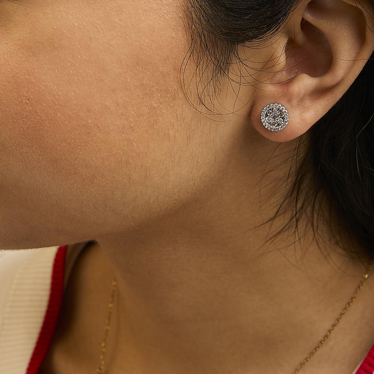 14K White Gold 1.0 Cttw Brilliant-Cut Diamond Halo-Style Cluster Round Button Stud Earrings (H-I Color, I1-I2 Clarity)