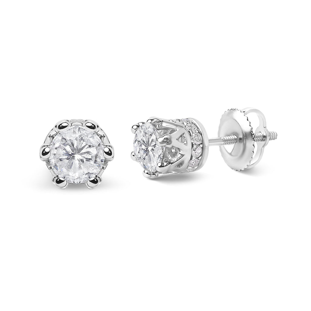 14K White Gold 1.0 Cttw Round Cut Prong-Set Diamond Crown Stud Earring (I-J Color, I1-I2 Clarity)