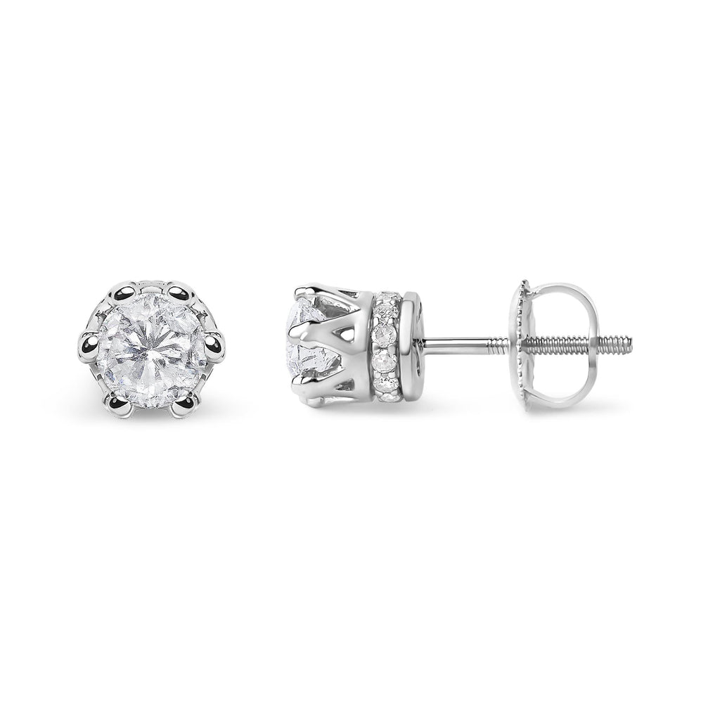 14K White Gold 2.0 Cttw Round Cut Prong-Set Diamond Crown Stud Earring (I-J Color, I1-I2 Clarity)