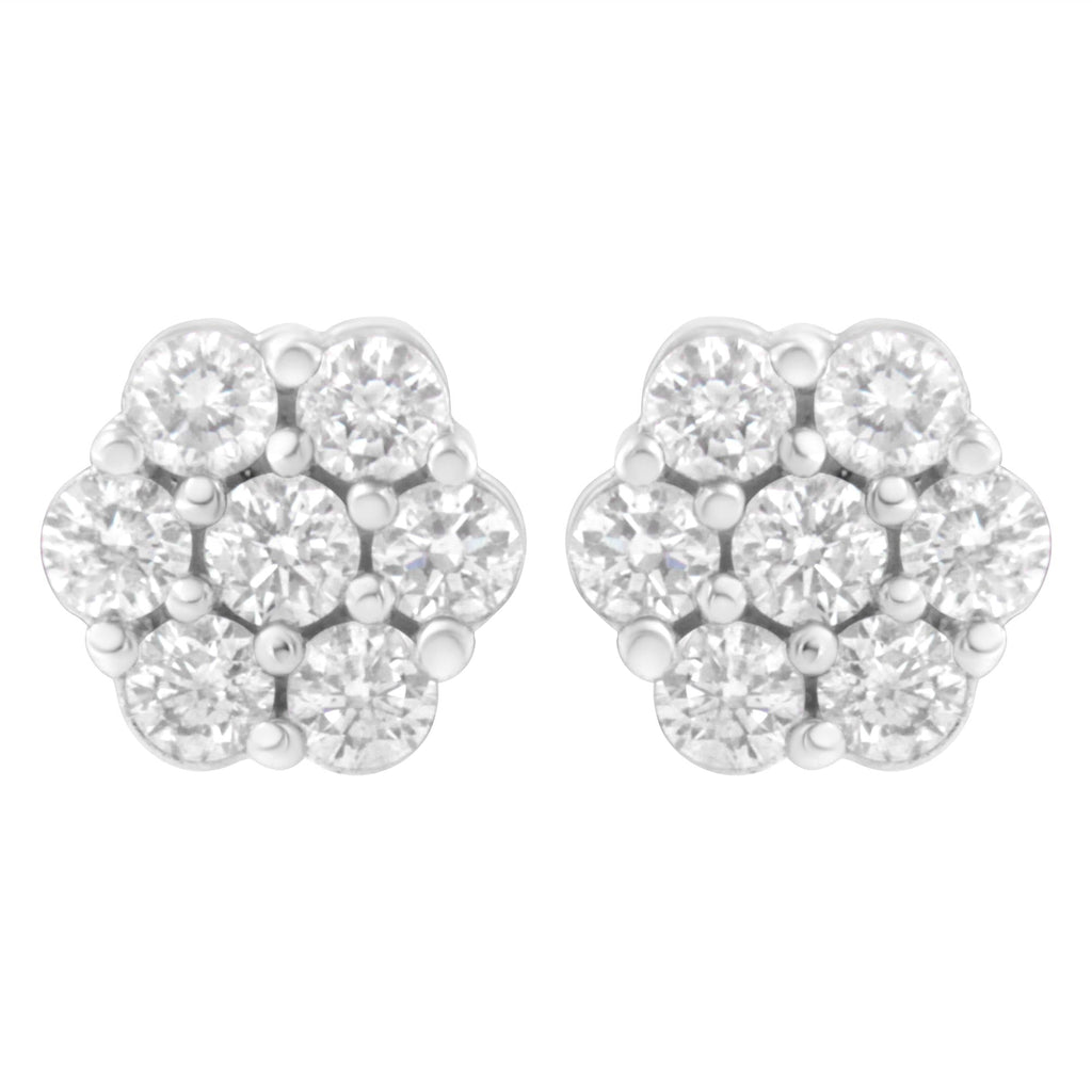 14K White Gold 7 Stone Floral Cluster Round Brilliant Cut Diamond Stud Earrings with Screw Backs(I-J, SI2-I1)