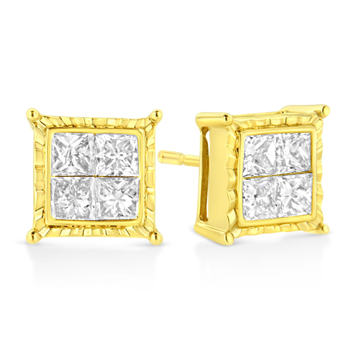 14K Yellow Gold Princess Cut Diamond Square Stud Earrings