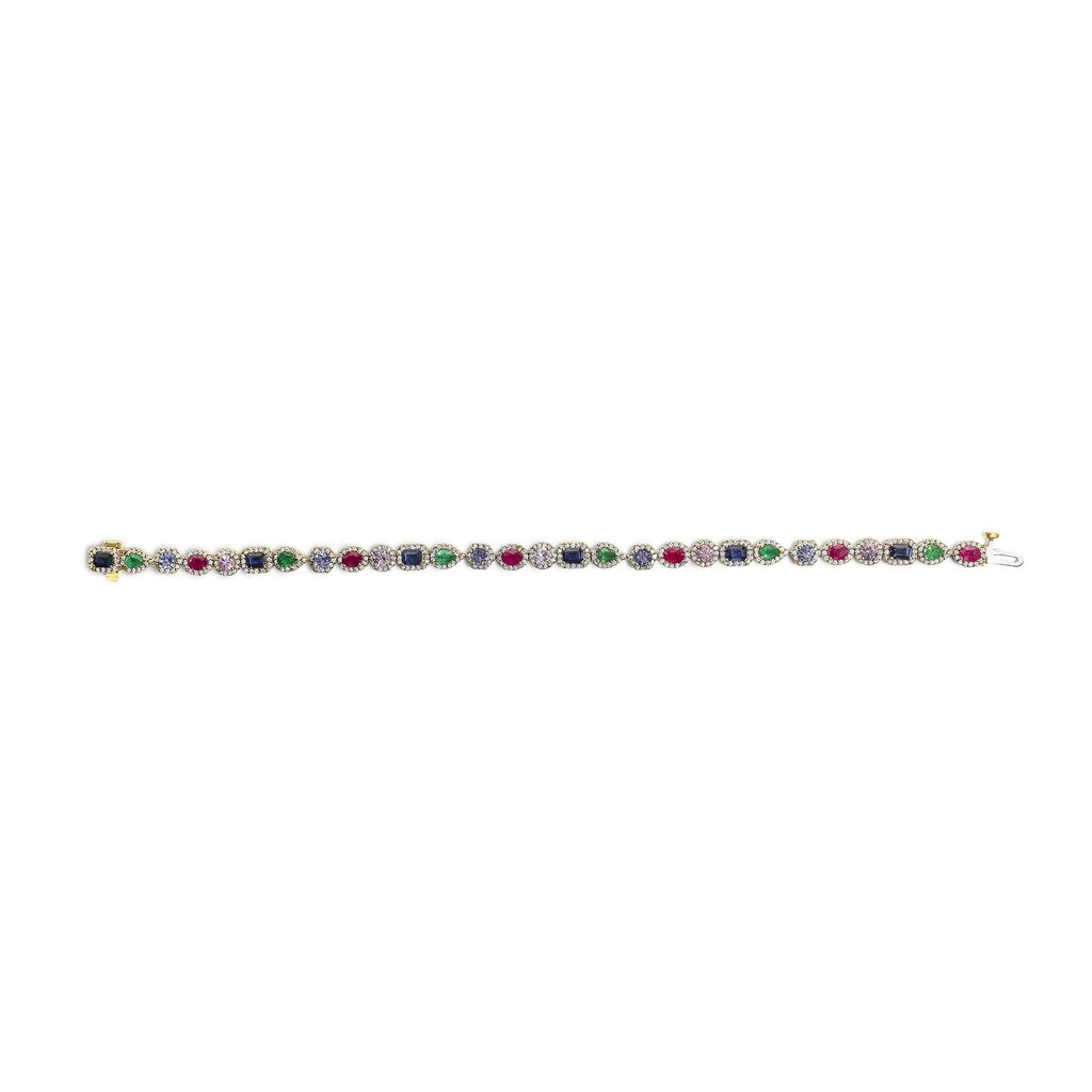 14K Yellow Gold Multi-Gemstone  and Diamond Halo Rainbow Tennis Bracelet