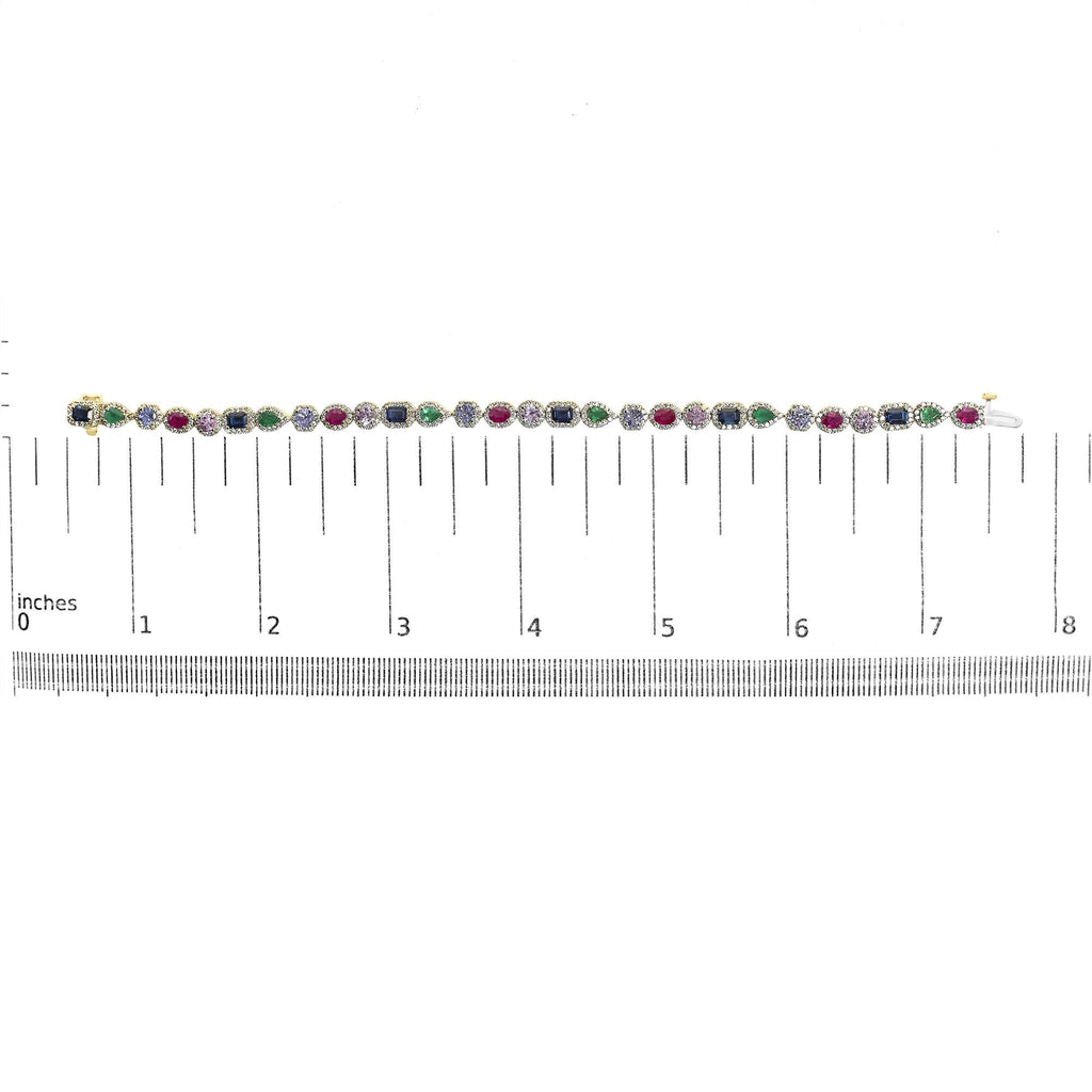 14K Yellow Gold Multi-Gemstone  and Diamond Halo Rainbow Tennis Bracelet