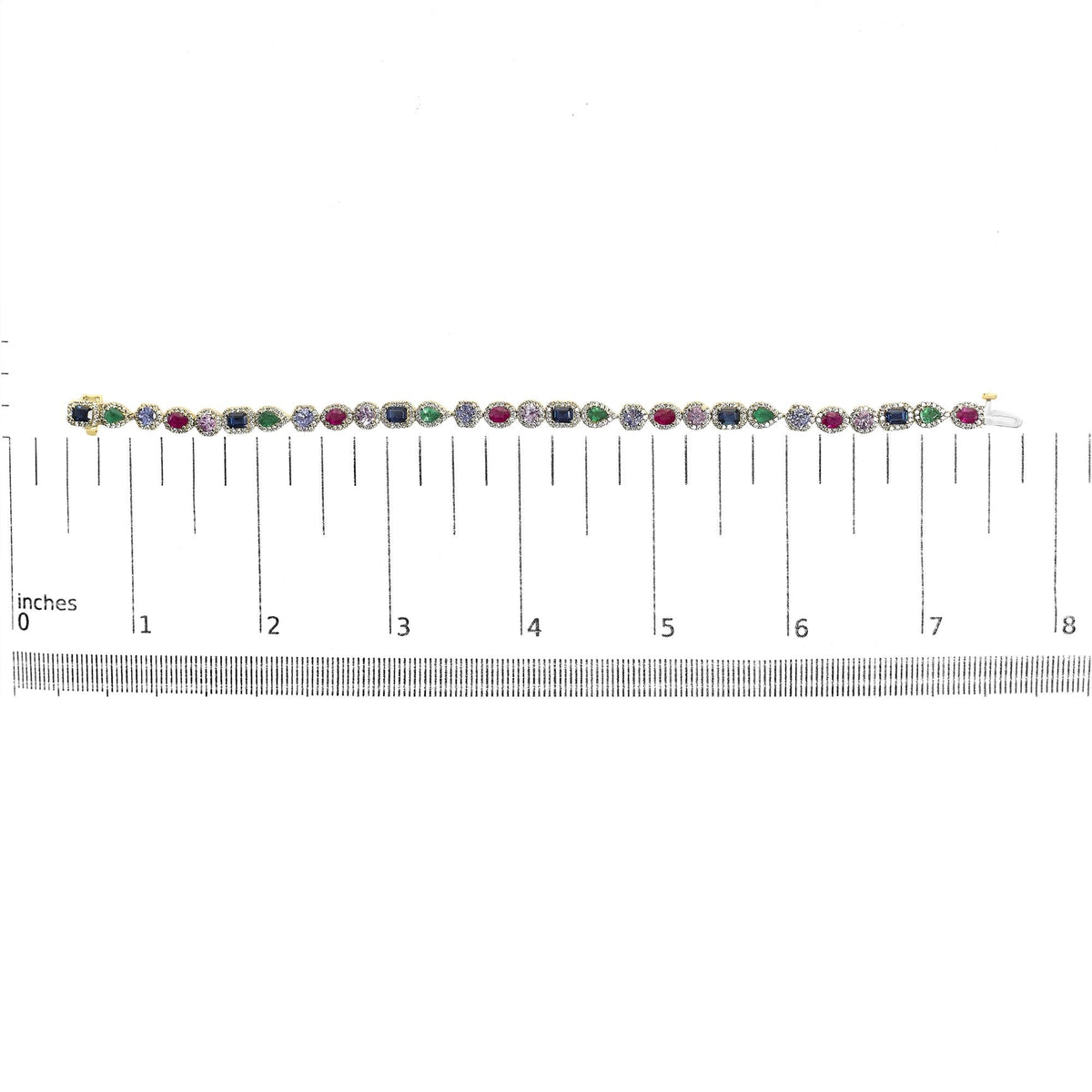 14K Yellow Gold Multi-Gemstone  and Diamond Halo Rainbow Tennis Bracelet