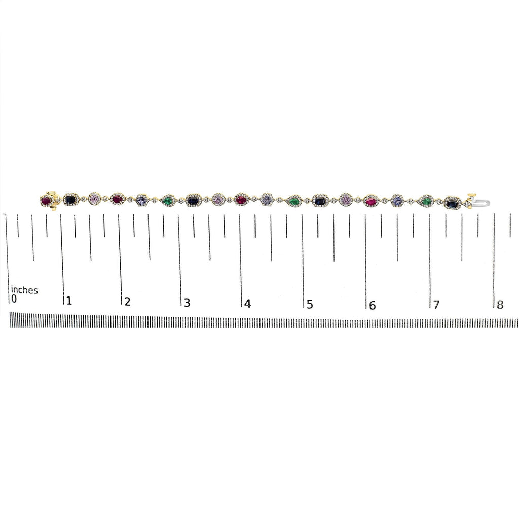 14K Yellow Gold Multi-Gemstone  and Diamond Halo Rainbow Link Bracelet