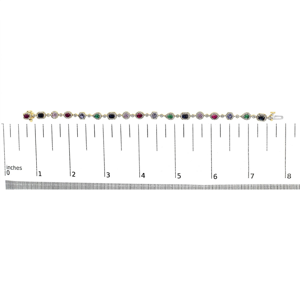 14K Yellow Gold Multi-Gemstone  and Diamond Halo Rainbow Link Bracelet