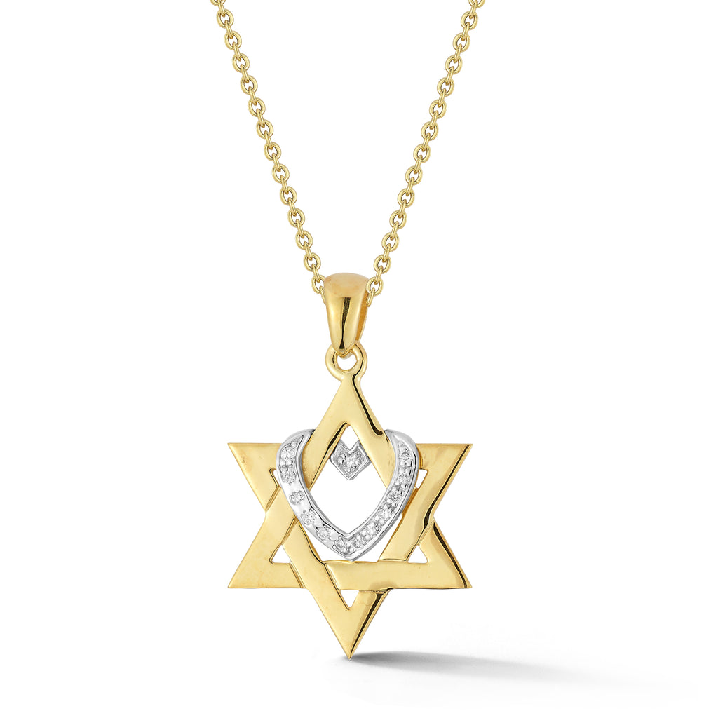 Star of David Pendant with Diamond Heart, 14K Yellow Gold