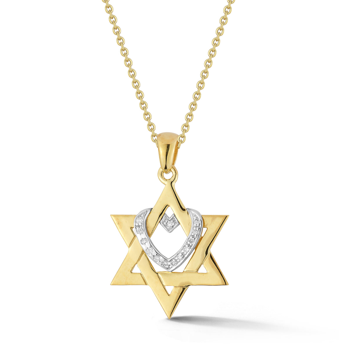 Star of David Pendant with Diamond Heart, 14K Yellow Gold