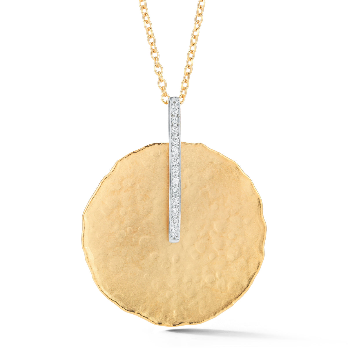 Hammered Disc Diamond Pendant, 14K Gold — 30 mm