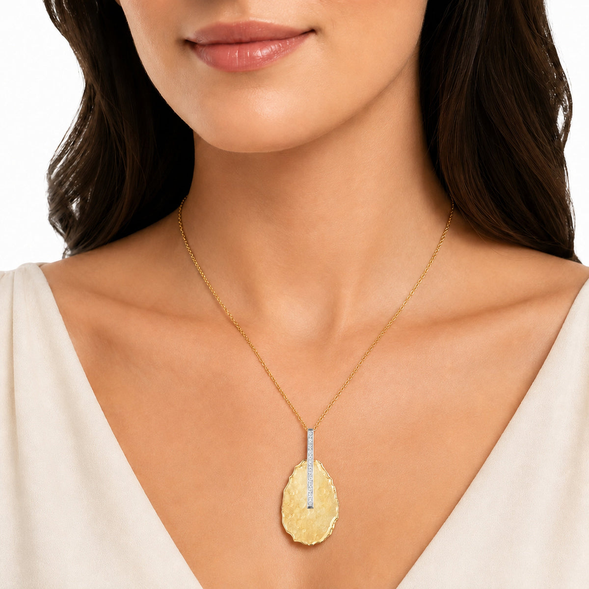 Hammered Teardrop Diamond Pendant, 14K Gold