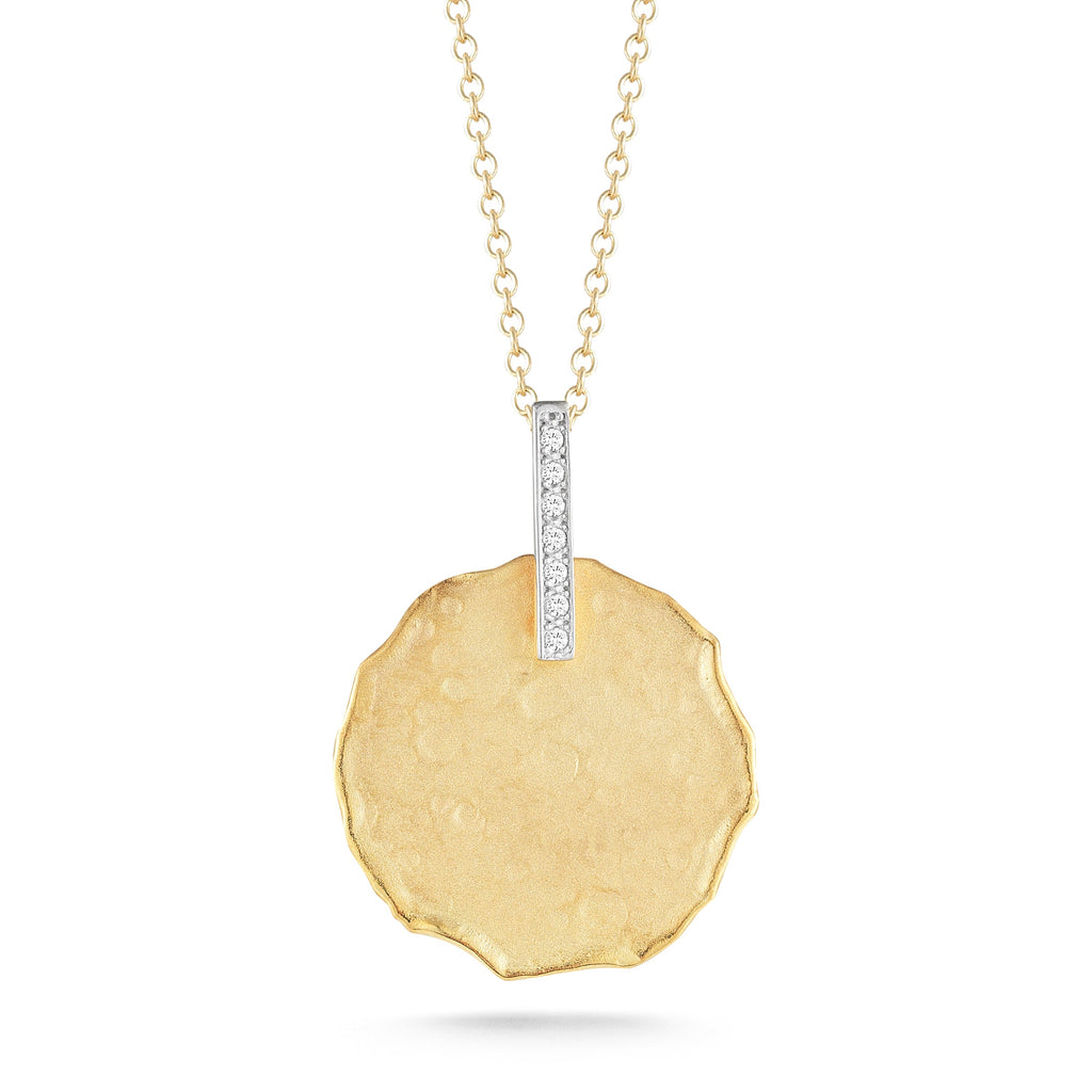 Hammered Disc Diamond Pendant, 14K Gold — 22 mm