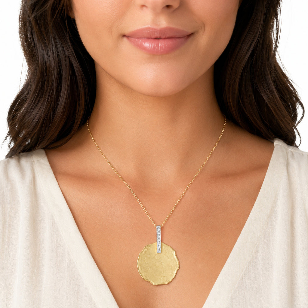 Hammered Disc Diamond Pendant, 14K Gold — 22 mm