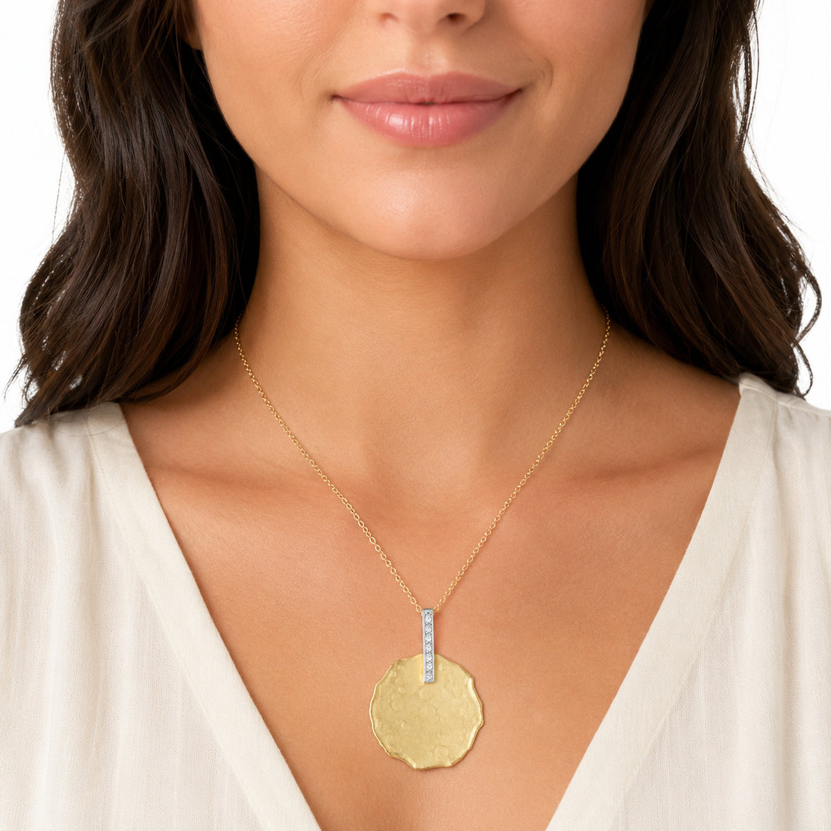 Hammered Disc Diamond Pendant, 14K Gold — 22 mm