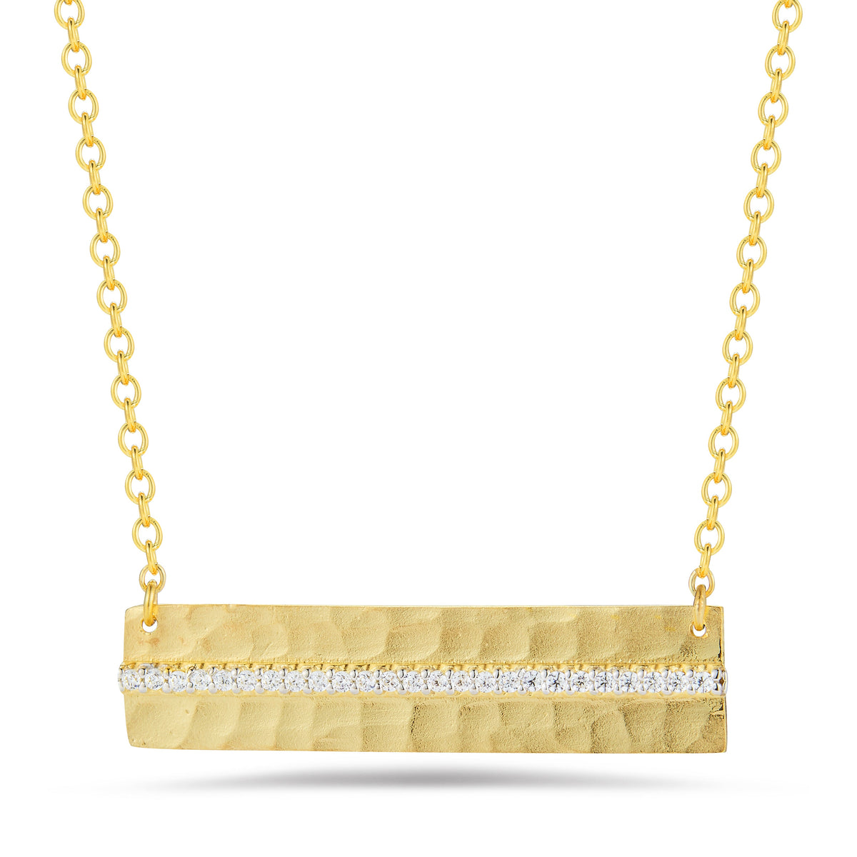 Hammered East-West Diamond Necklace, 14K Gold