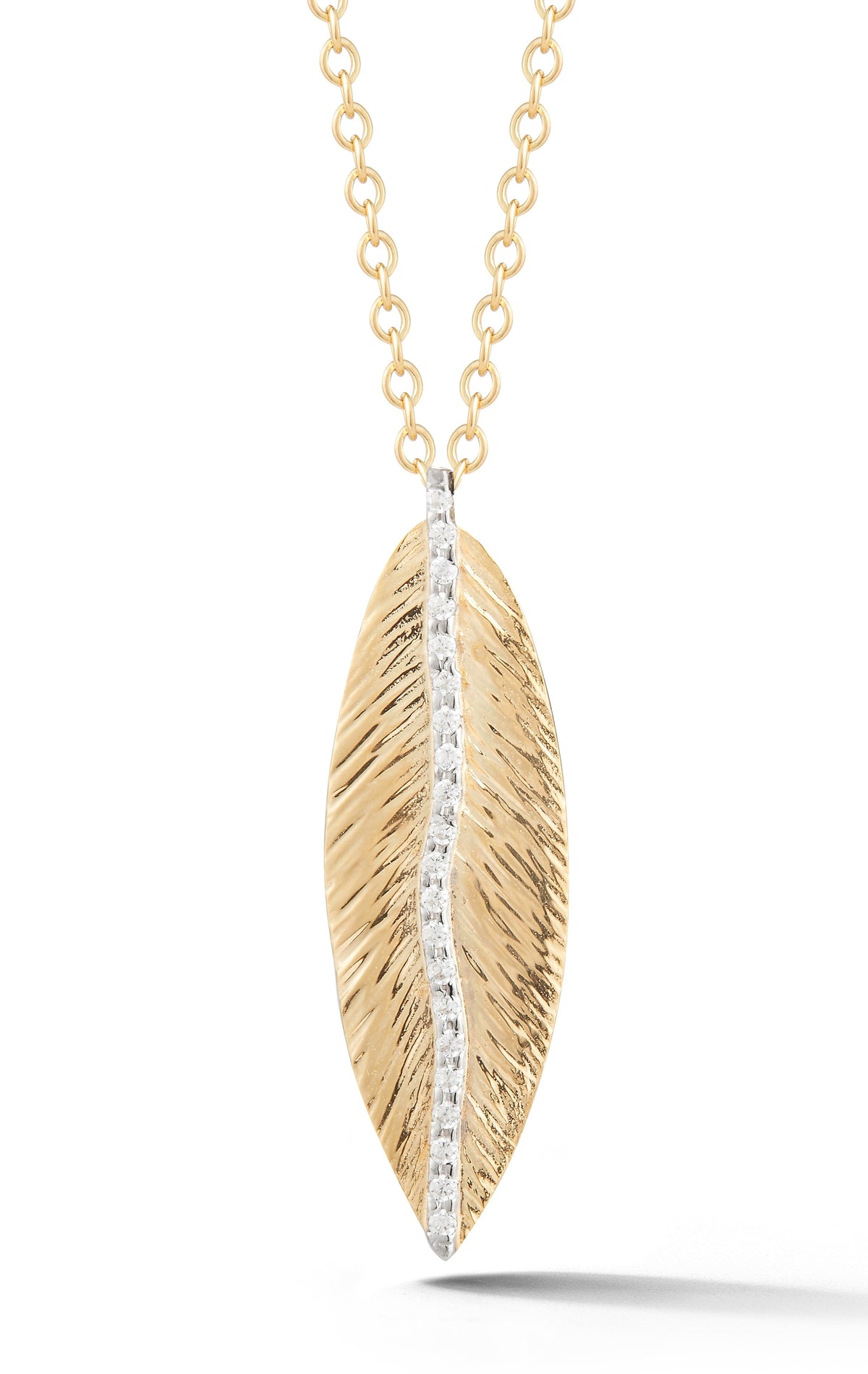 Diamond Feather Pendant, 14K Gold
