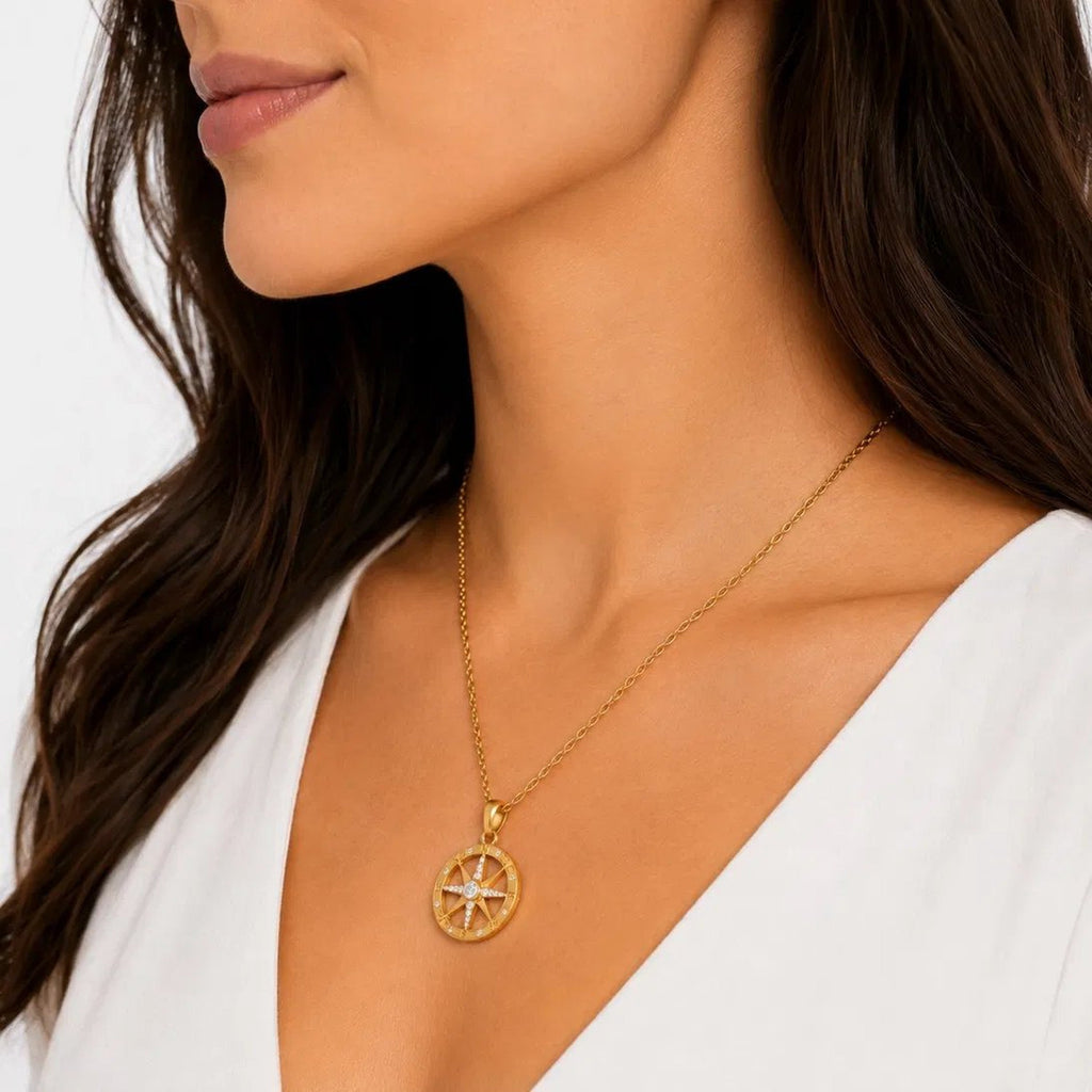 Diamond Compass Pendant, 14K Gold