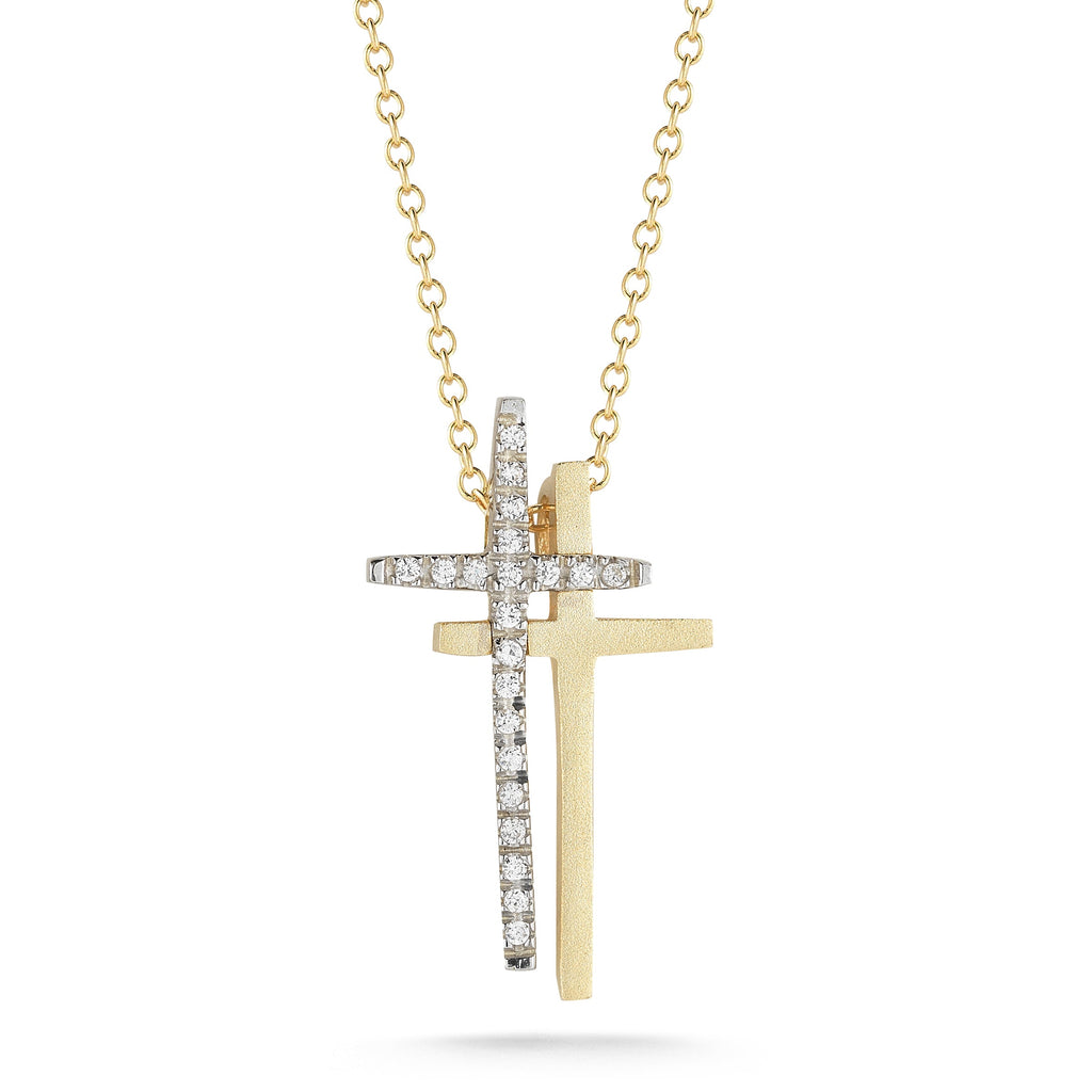 Double Cross Diamond Pendant, 14K Yellow Gold