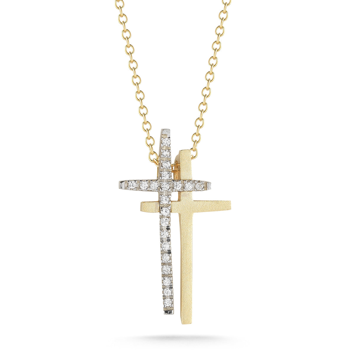 Double Cross Diamond Pendant, 14K Yellow Gold