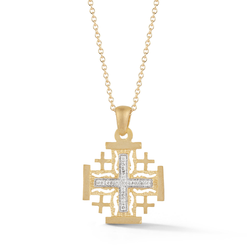 Matte Diamond Jerusalem Cross Pendant, 14K Yellow Gold — 16 mm