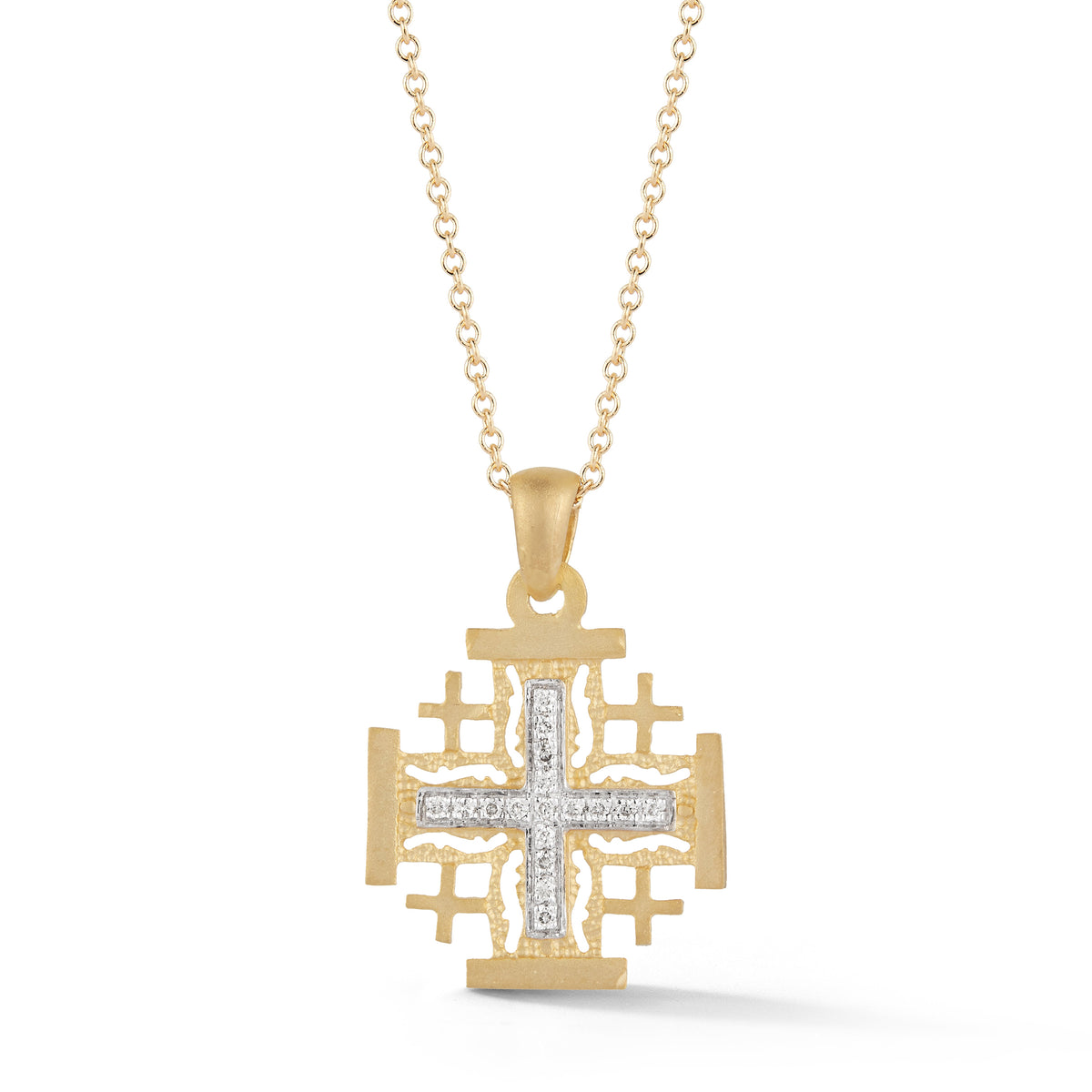 Matte Diamond Jerusalem Cross Pendant, 14K Yellow Gold — 16 mm