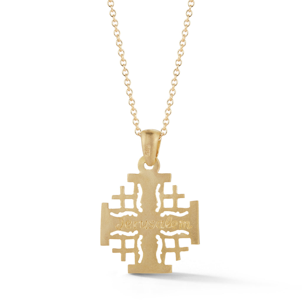 Matte Diamond Jerusalem Cross Pendant, 14K Yellow Gold — 16 mm