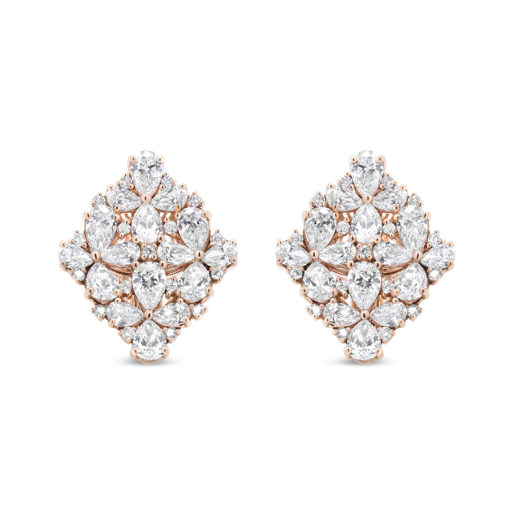 18K Rose Gold 8 1/3 Cttw Floral Diamond Cluster Omega Earrings