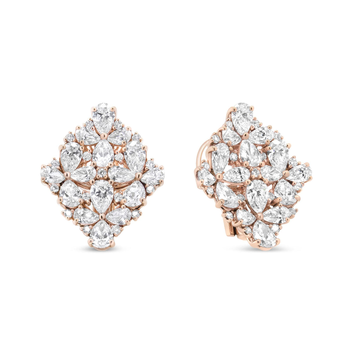 18K Rose Gold 8 1/3 Cttw Floral Diamond Cluster Omega Earrings