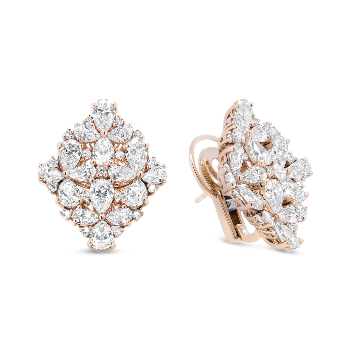 18K Rose Gold 8 1/3 Cttw Floral Diamond Cluster Omega Earrings