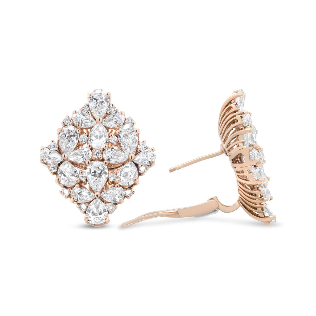 18K Rose Gold 8 1/3 Cttw Floral Diamond Cluster Omega Earrings