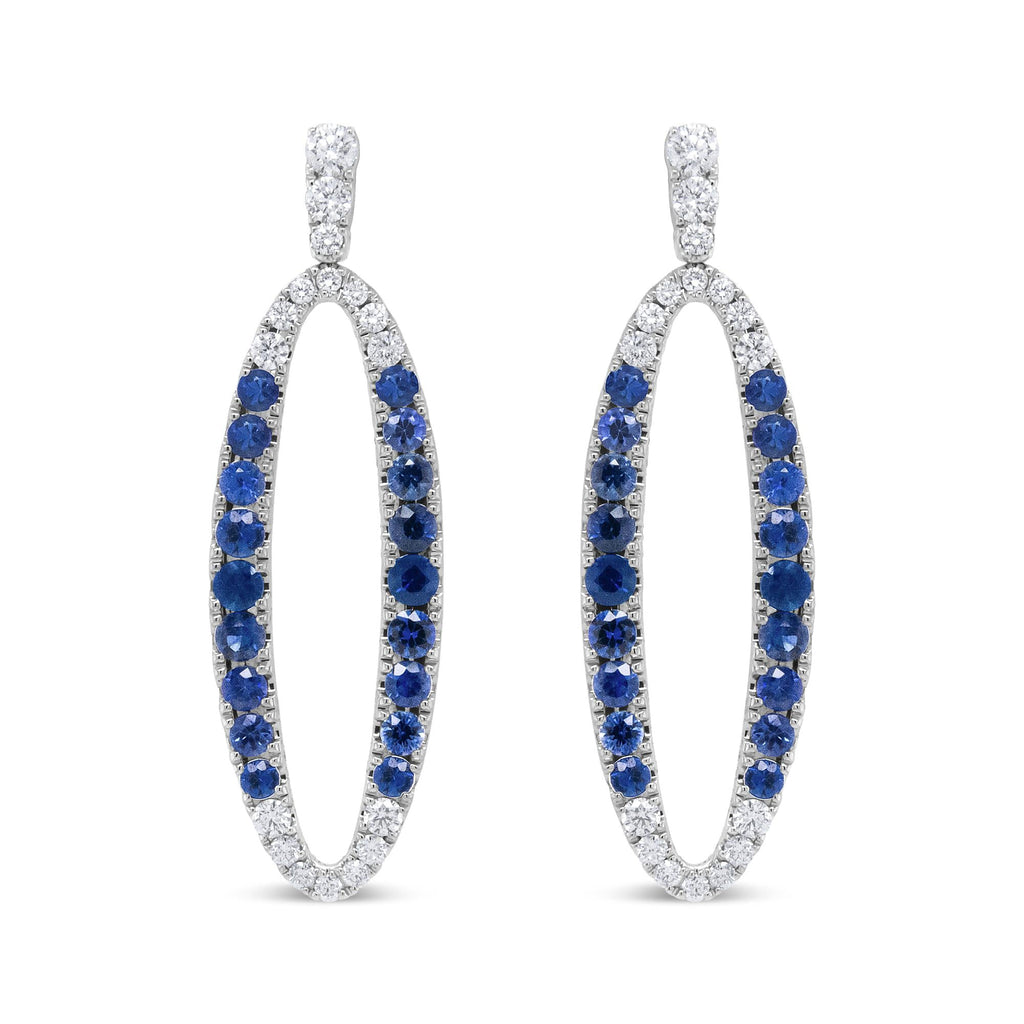 18K White Gold 1.11 Cttw Blue Round Diamond and Blue Sapphire Openwork Oval Shaped Dangle Earrings (F-G Color, VS1-VS2 Clarity)