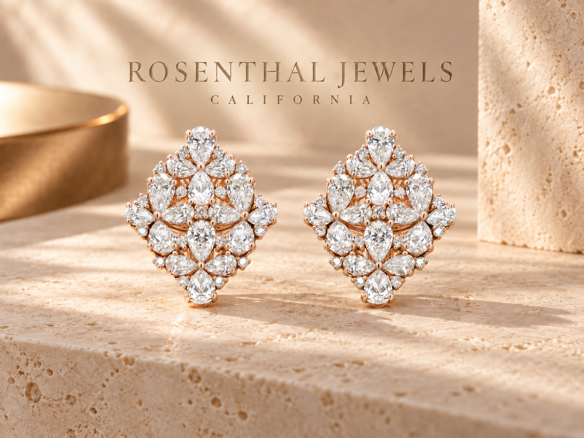18K Rose Gold 8 1/3 Cttw Floral Diamond Cluster Omega Earrings