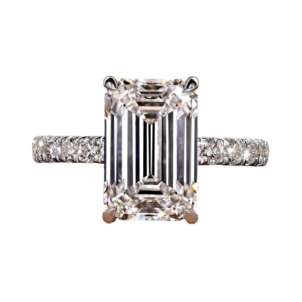 AGI Certified 7.35 CTW Emerald Cut Lab Grown Diamond Pave Engagement Ring in 14K White Gold