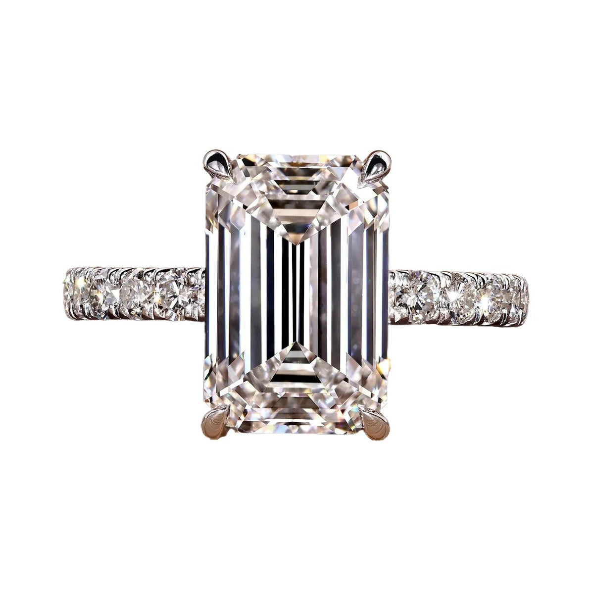 AGI Certified 7.35 CTW Emerald Cut Lab Grown Diamond Pave Engagement Ring in 14K White Gold