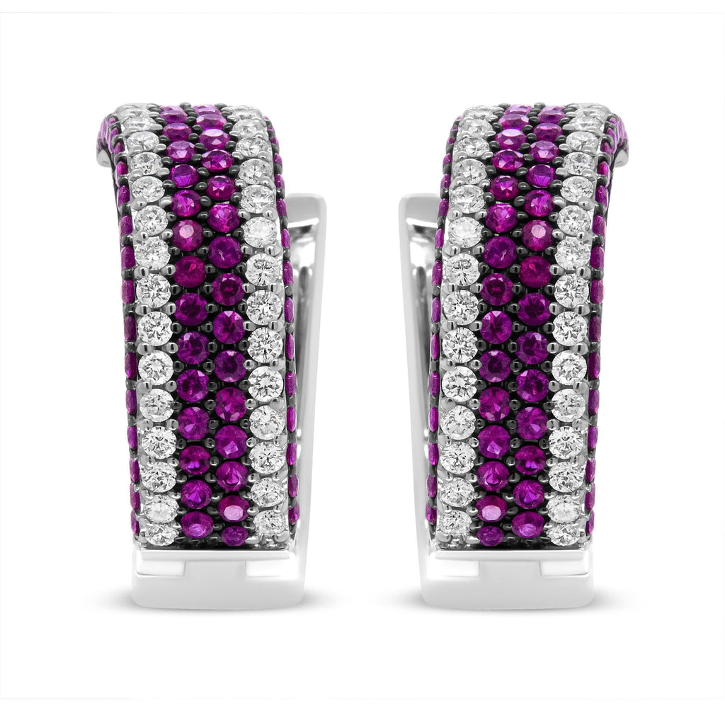 18K White Gold 1 7/8 Cttw Diamond and 1mm Round Red Ruby Open Swish Hoop Earrings (F-G Color, VS1-VS2 Clarity)