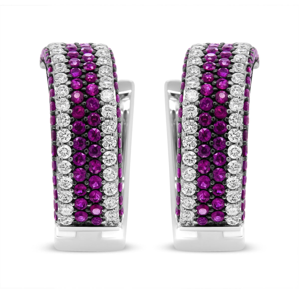 18K White Gold 1 7/8 Cttw Diamond and 1mm Round Red Ruby Open Swish Hoop Earrings (F-G Color, VS1-VS2 Clarity)